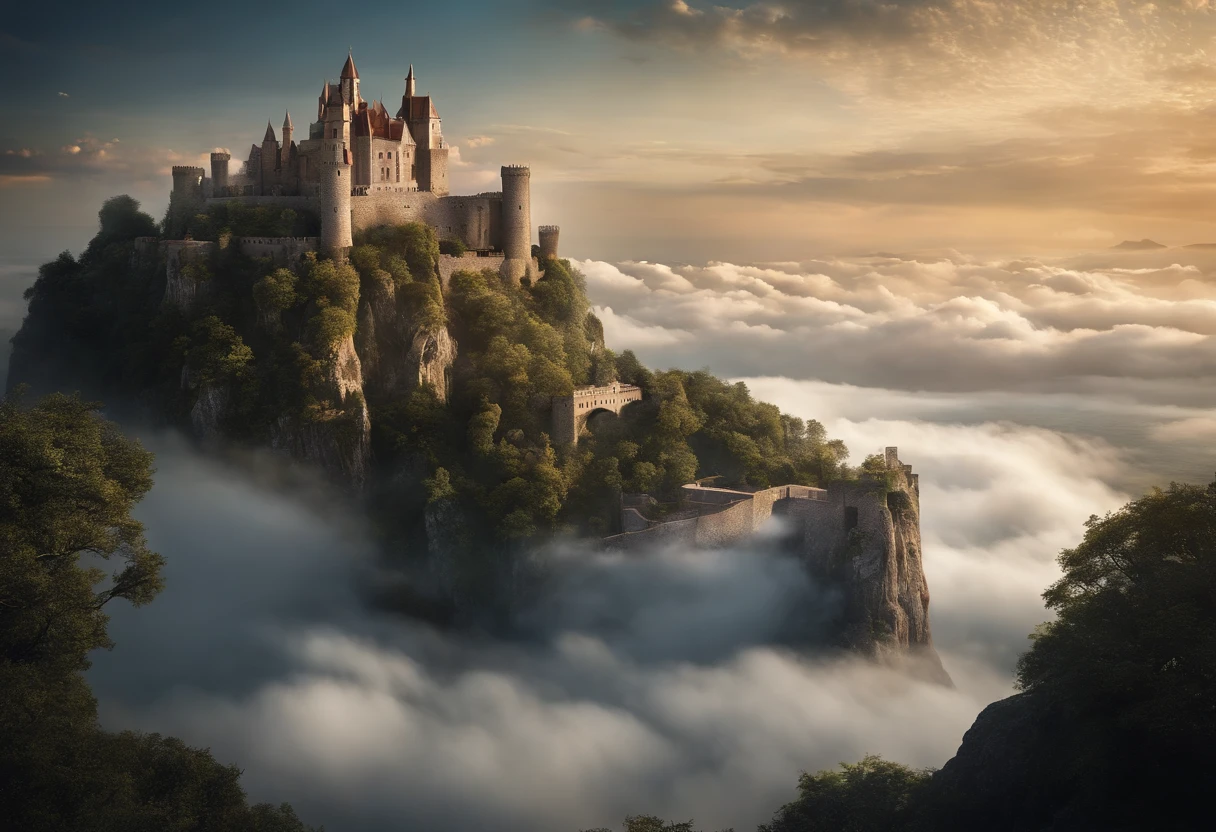 A majestic castle rises from a small island in the sky, surrounded by a sea of clouds. The island is filled with buildings of various shapes and sizes, creating a stunning contrast between the ancient and the modern. The castle is a masterpiece of matte painting by Alexander Kucharsky, the winner of the CG Society contest for surrealism. He imagined a floating city that defies gravity and logic, yet captivates the viewer with its beauty and mystery.