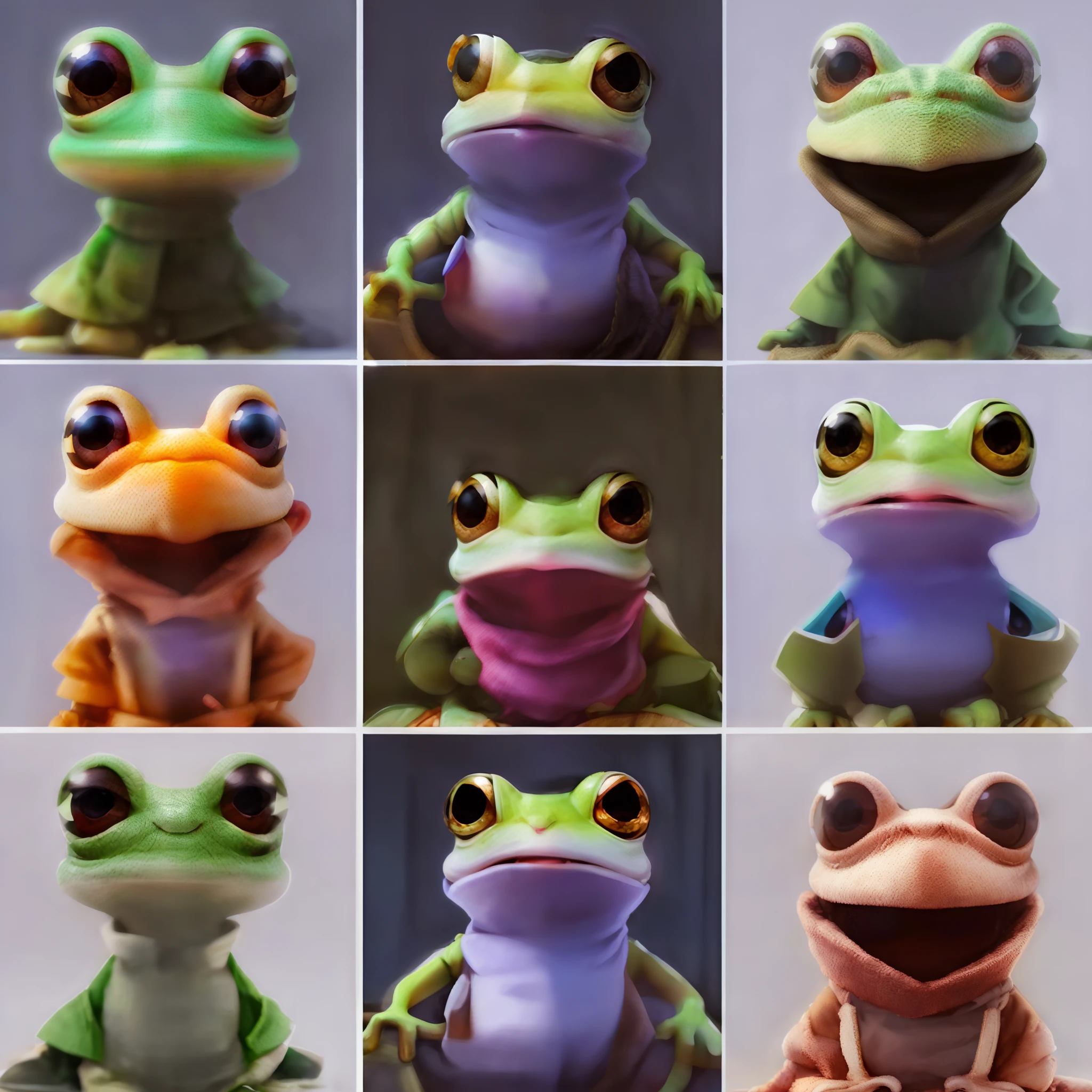 a close up of a frog figurine with many different colored eyes, frogs, cute frog, frog, shape of frogs, froggy, frog themed, amphibians, frog perspective, peepo the frog!!!, the wednesday frog, beautiful frog, jumping flying and eating frogs, portrait of a frog, toads, miniature frog, 3d characters