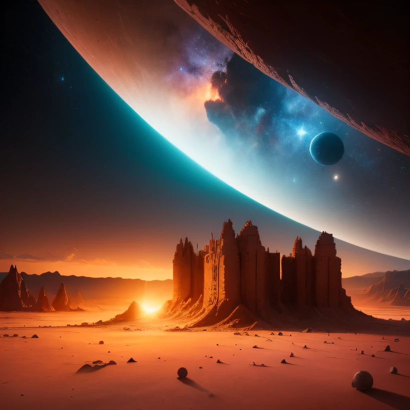 Alien base (Very detailed) In the mountainous desert,There are several exhaust fans and chimneys, Some spotlights come out of the base to illuminate dark places, (Extreme nights), Some clouds in the night sky, Some of the surrounding planets provide air to unknown planets,The farthest giant volcano is erupting