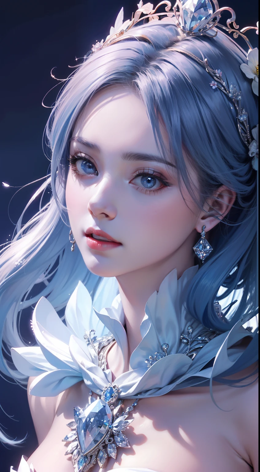 tmasterpiece,Highest high resolution,((magic orb)),Dynamic bust of a beautiful aristocratic maiden,Blue hair is gracefully curled,((Wearing a crown of huge flowers)),Purple clear eyes,(((Hair is covered with beautiful and delicate floral craftsmanship, Crystal Jewelry Filigree))),Ultra-detailed details,upscaled,The Earth Rises。
