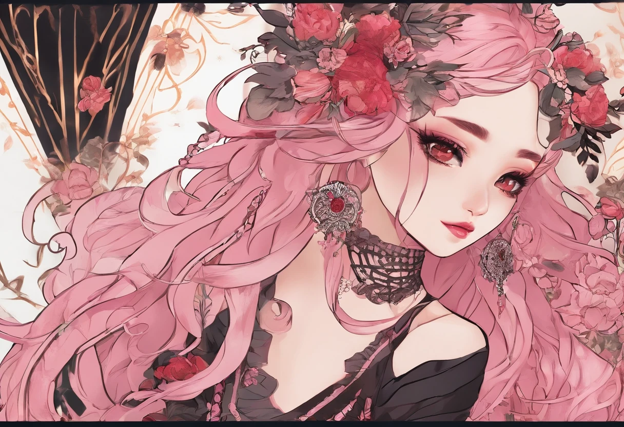 A beautiful Korean girl,Long pink hair,Tattooed with,full bodyesbian,Wearing a collar,Wear a black lace bra,Wear black lace panties,Wear stiletto heels,Wear black pantyhose,Bad girl,s the perfect face,Put on light makeup,Wear a ruby ring,Cool and funky style,On the dance floor,Ultra photo realsisim,8K
