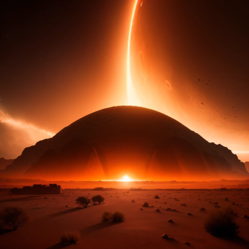 Alien base (Very detailed) In the mountainous desert,There are several exhaust fans and chimneys, Some spotlights come out of the base to illuminate dark places, (Extreme nights), Some clouds in the night sky, Some of the surrounding planets provide air to unknown planets,The farthest giant volcano is erupting