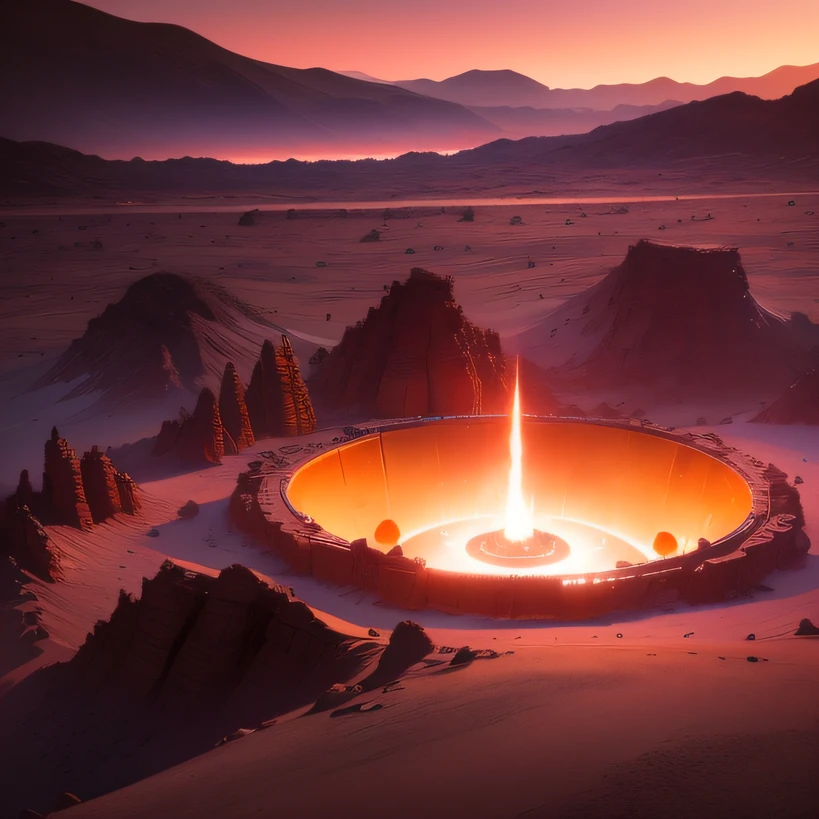 Alien base (Very detailed) In the mountainous desert,There are several exhaust fans and chimneys, Some spotlights come out of the base to illuminate dark places, (Extreme nights), Some clouds in the night sky, Some of the surrounding planets provide air to unknown planets,The farthest giant volcano is erupting