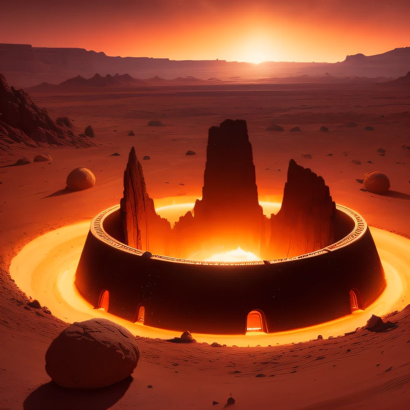Alien base (Very detailed) In the mountainous desert，There are several exhaust fans and chimneys, Some spotlights come out of the base to illuminate dark places, (Extreme nights), Some golden clouds in the night sky, Some of the surrounding planets provide air to unknown planets，The farthest giant volcano is erupting