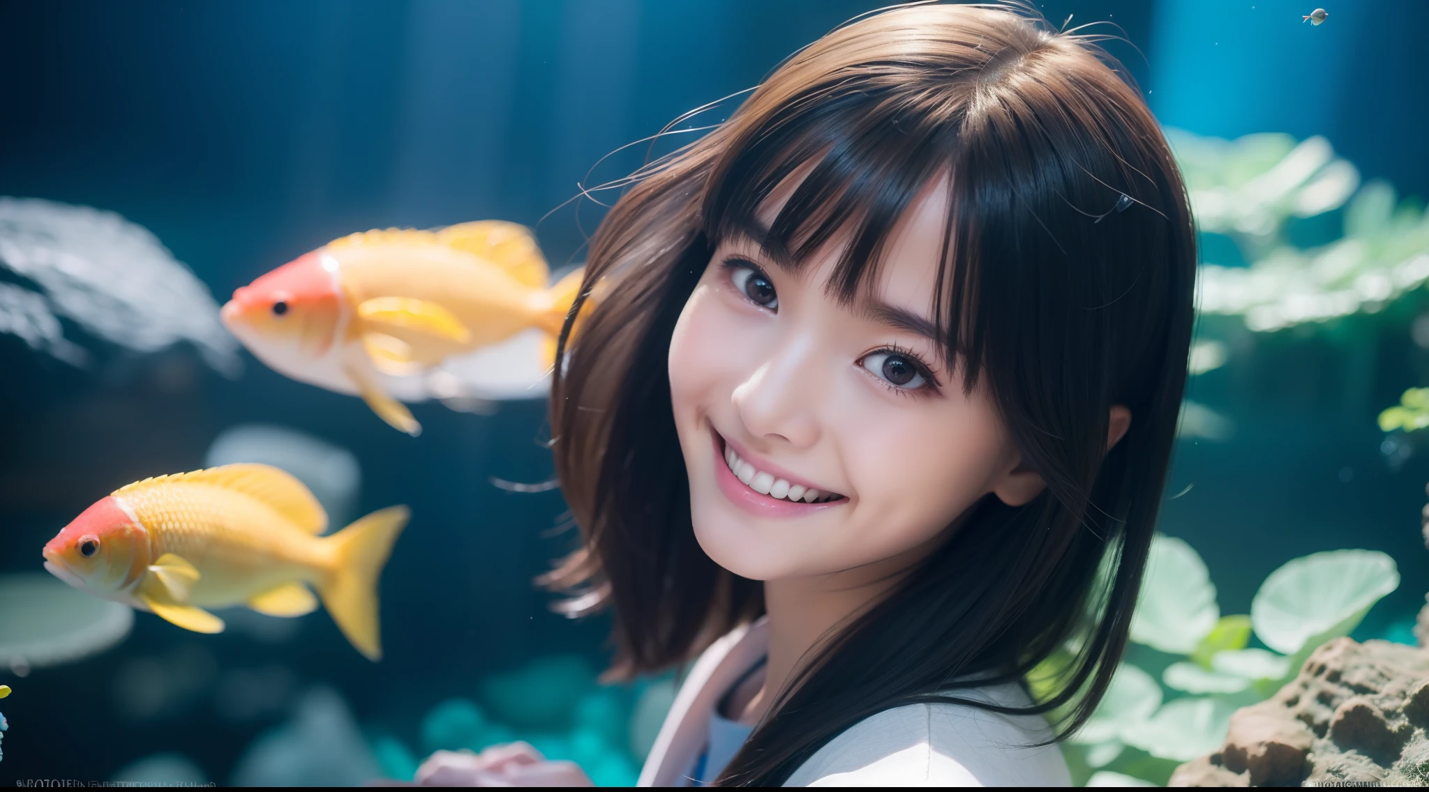 girl with, 独奏, a smile, dressed casually, Aquarium background, Fun atmosphere, (Photorealsitic:1.4), top-quality, ​masterpiece, ultra-detailliert, Raw photo
