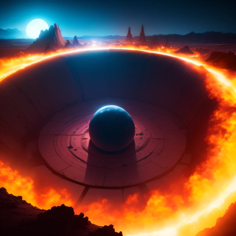 Alien base (Very detailed) In the mountainous desert,There are several exhaust fans and chimneys, Some spotlights come out of the base to illuminate dark places, (Extreme nights), Some golden clouds in the night sky, Some of the surrounding planets provide air to unknown planets,The farthest giant volcano is erupting