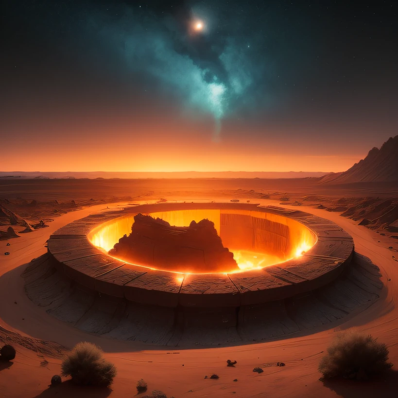 Alien base (Very detailed) In the mountainous desert，There are several exhaust fans and chimneys, Some spotlights come out of the base to illuminate dark places, (Extreme nights), Some golden clouds in the night sky, Some of the surrounding planets provide air to unknown planets，The farthest giant volcano is erupting