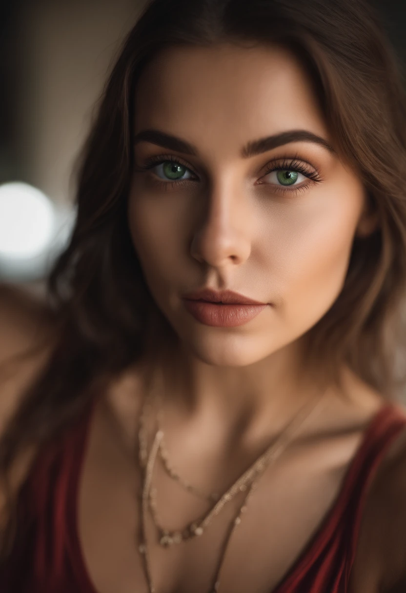 arafed woman with a red tank top and a necklace in a club, sexy girl with green eyes, portrait sophie mudd, brown hair and large eyes, selfie of a young woman, bedroom eyes, violet myers, without makeup, natural makeup, looking directly at the camera, face with artgram, subtle makeup, piercing green eyes