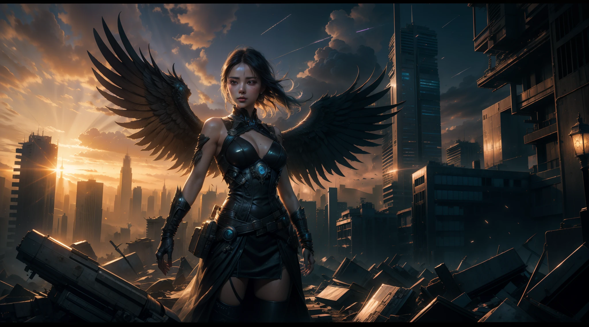 （（best qualtiy））， （（tmasterpiece））， （（Realistis））， （A detailed）， （realisticlying：1.5），illusory engine， (High detail: 1.9)，（femele：1.4），（big breasts beautiful： 1.4),(carismatic:1.3)， （Large breasts）， Female angel，Black feathered wings，beuaty girl，beauitful face， looking at viewert， dynamicposes， postapocalyptic， Destroyed city background， scientific fiction， hdr， Ray traching， NVIDIA RTX， Hyper-Resolution， Unreal 5， sub surface scattering， PBR textures， Post-processing， Anisotropic filtering， depth of fields， Maximum clarity and sharpness， trichotomy，8K original，（Luminous Particle：1.4），（VerydetailedCG，Unity 8k壁纸，cinmatic lighting，lens flare glow），Reflectors，Sharp focus，black toga，Raised sexy