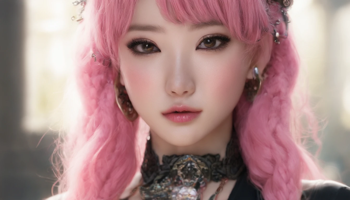 A beautiful Korean girl，Long pink hair，Tattooed with，full bodyesbian，Wearing a collar，Wear a black lace bra，Wear black lace panties，Wear stiletto heels，Wear black pantyhose，Bad girl，s the perfect face，Put on light makeup，Wear a ruby ring，Cool and funky style，On the dance floor，Ultra photo realsisim，8K