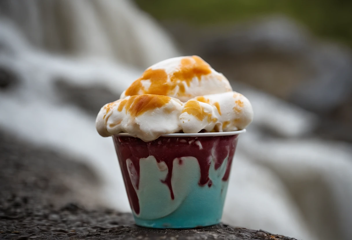 Ice cream peaks of various colors appear in the Arctic,Penguins approach these mysterious terrains with caution,The ice was also colored, fantasy, Spectacular, Braving the air conditioning, Masterpiece, ultraclear, extreme hight detail
