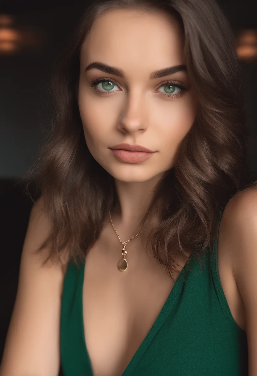 arafed woman with a red tank top and a necklace in a club, sexy girl with green eyes, portrait sophie mudd, brown hair and large eyes, selfie of a young woman, bedroom eyes, violet myers, without makeup, natural makeup, looking directly at the camera, face with artgram, subtle makeup, stunning closeupheadshot, piercing green eyes