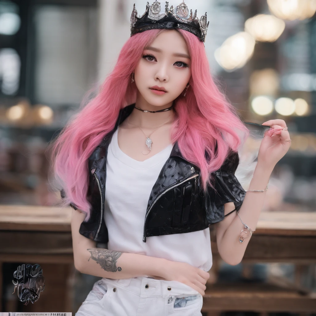 A beautiful Korean girl，Long pink hair，Tattooed with，full bodyesbian，Wearing a collar，Wear a black lace bra，Wear black lace panties，Wear stiletto heels，Wear black pantyhose，Bad girl，s the perfect face，Put on light makeup，Wear a ruby ring，Cool and funky style，On the dance floor，Ultra photo realsisim，8K