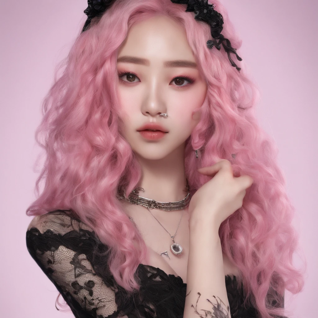 A beautiful Korean girl，Long pink hair，Tattooed with，full bodyesbian，Wearing a collar，Wear a black lace bra，Wear black lace panties，Wear stiletto heels，Wear black pantyhose，Bad girl，s the perfect face，Put on light makeup，Wear a ruby ring，Cool and funky style，On the dance floor，Ultra photo realsisim，8K