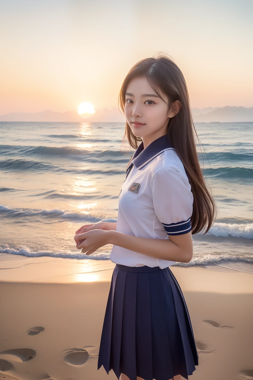 (top-quality、8K、32K、​masterpiece）Beautuful Women、in school uniform、Sunset、sand beach、You can't see your face in the back.