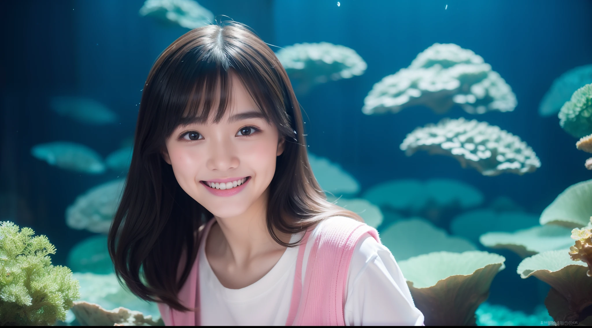 girl with, 独奏, a smile, dressed casually, Aquarium background, Fun atmosphere, (Photorealsitic:1.4), top-quality, ​masterpiece, ultra-detailliert, Raw photo