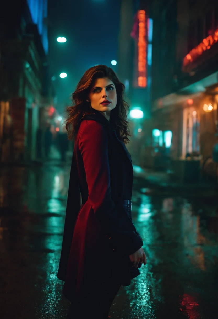 Alexandra daddario naked in a cyberpunk city at night