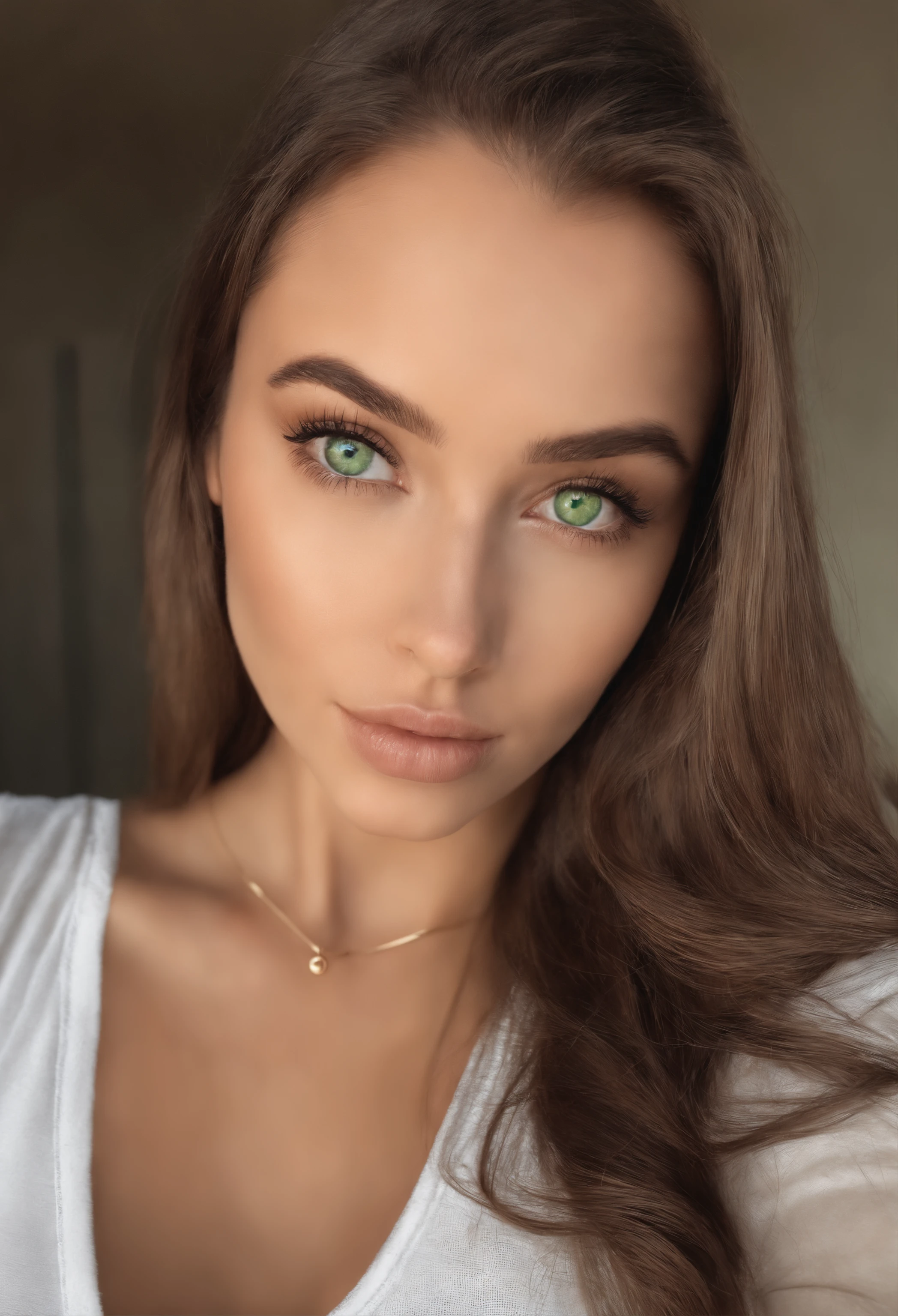 arafed woman with a white tank top and a necklace, sexy girl with green eyes, portrait sophie mudd, brown hair and large eyes, selfie of a young woman, bedroom eyes, violet myers, without makeup, natural makeup, looking directly at the camera, face with artgram, subtle makeup, stunning closeupheadshot, piercing green eyes
