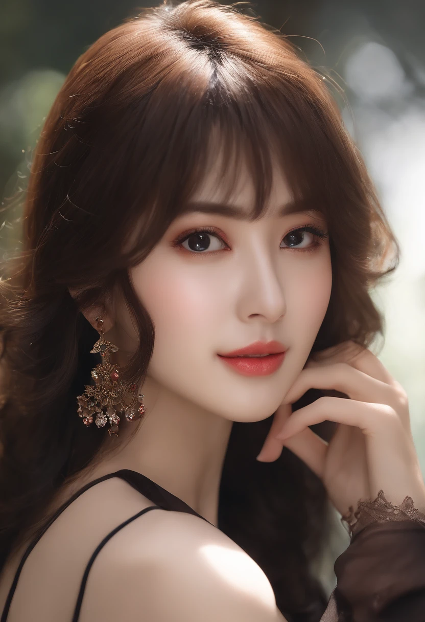 ((top-quality、masterpiece:1.3))、1girl in、a smile、full bodyesbian、Slim Faces、Pretty women、(dark brown hair)、japanes、 Cute 30s、Moist eyes、(Frightened look;1.5),(Medium bob hair)、Full-length dresses:1.1、hyperdetailed face、A detailed eye、二重まぶた、blured background、Slim Faces、large full breasts,((Armpit)))