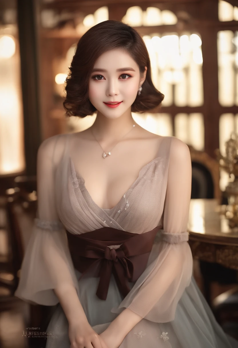 ((top-quality、masterpiece:1.3))、1girl in、a smile、full bodyesbian、Slim Faces、Pretty women、(dark brown hair)、japanes、 Cute 30s、Moist eyes、(Frightened look;1.5),(Medium bob hair)、Full-length dresses:1.1、hyperdetailed face、A detailed eye、二重まぶた、blured background、Slim Faces、large full breasts,((Armpit)))