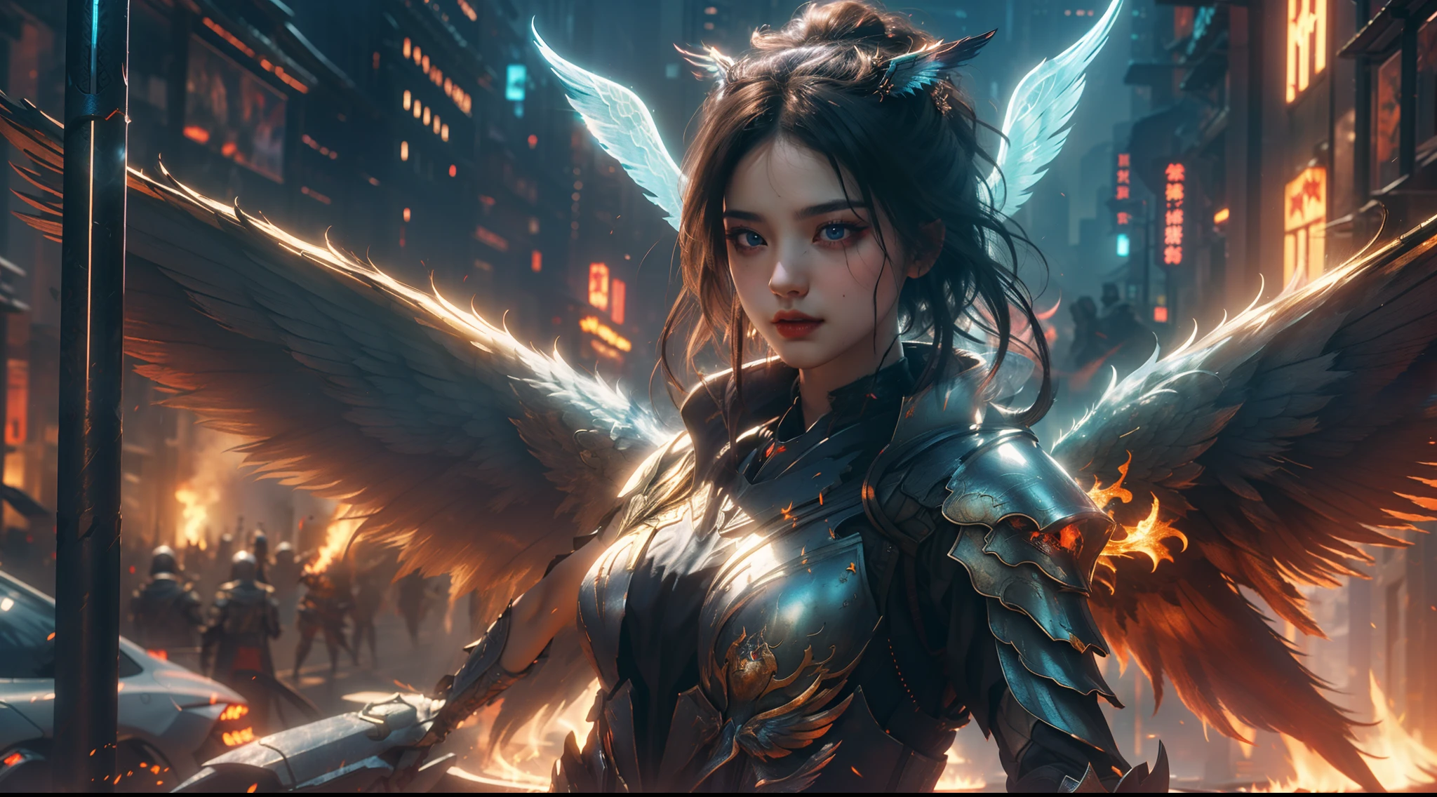 (Extremely detailed Cg Unity 8K wallpaper,Masterpiece, Best quality, Ultra-detailed, Beautiful detailed eyes:1.2),Best illumination, (Best shadow, An extremely delicate and beautiful, full bloom),
1girll,Solo,Large breasts,Heavy armor,Long hair,holdingsword,Angel wings,Black wings,(Big wings:1.4),Film filter,satan, Hellfire,full bodyesbian,demon,Flame,City at night，cyber punk perssonage，smog，steamy，illusory engine， (High detail: 1.9)