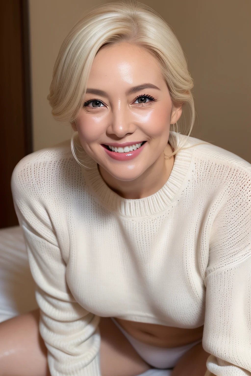 Amazing beauties、(Wrinkles at the corners of the eyes:1.3)、a blond、japanes、drooing eyes,full of sweat、Heavy sweat、Mature and attractive woman、bbw、Chunky lips、shiny lips、Saggy udder、knitted sweater、(A smile:1.3)、fully body photo、High subcutaneous fat、Bedroom、soaked、Sitting with legs open、There is a navel、camel's toe