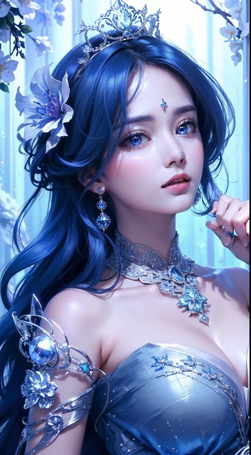 Ultra HD、A beautiful blue-haired character、Has a blue crystal、Cute big eyes、close、Red burning cheeks、Night scene with starry sky background、fortune teller、Wearing a gorgeous dress、Subtle details、A fantastic atmosphere、Anime style