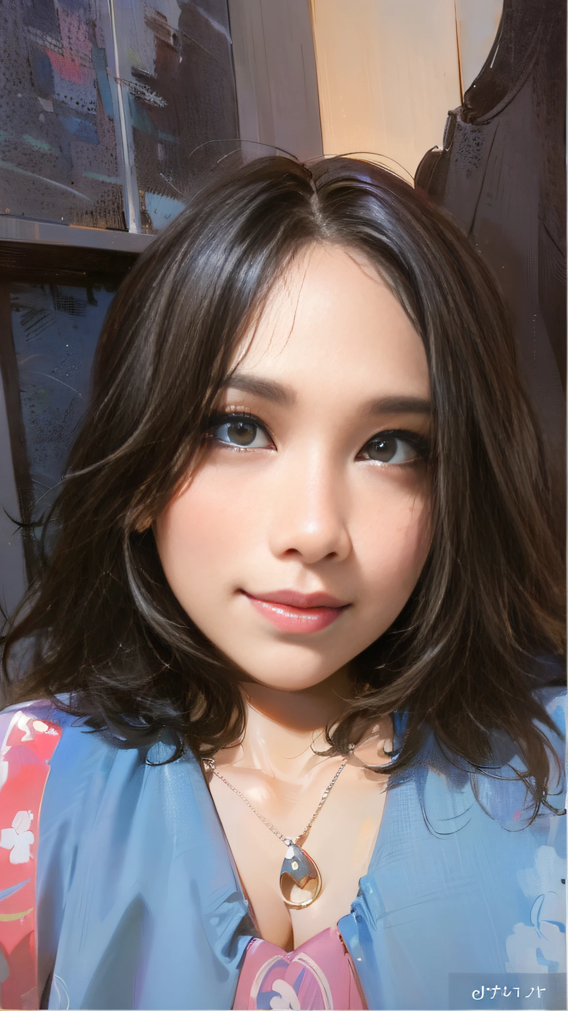 (64K,UHD, best quality, masterpiece:1.5), there is a young girl with a necklace on her neck, young cute wan asian face, south east asian with round face, jaeyeon nam, heonhwa choe, with short hair, with round face, young adorable korean face, korean girl, xintong chen, girl cute-fine-face, a young asian woman, ((smile)), ((big boobs))