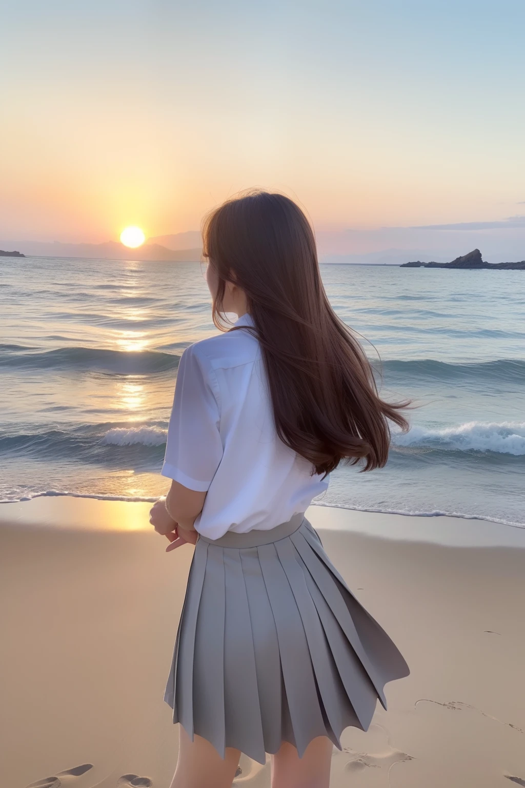 (top-quality、8K、32K、masterpiece)Beautuful Women、in school uniform、Sunset、sand beach、Rear view、Beautiful hair