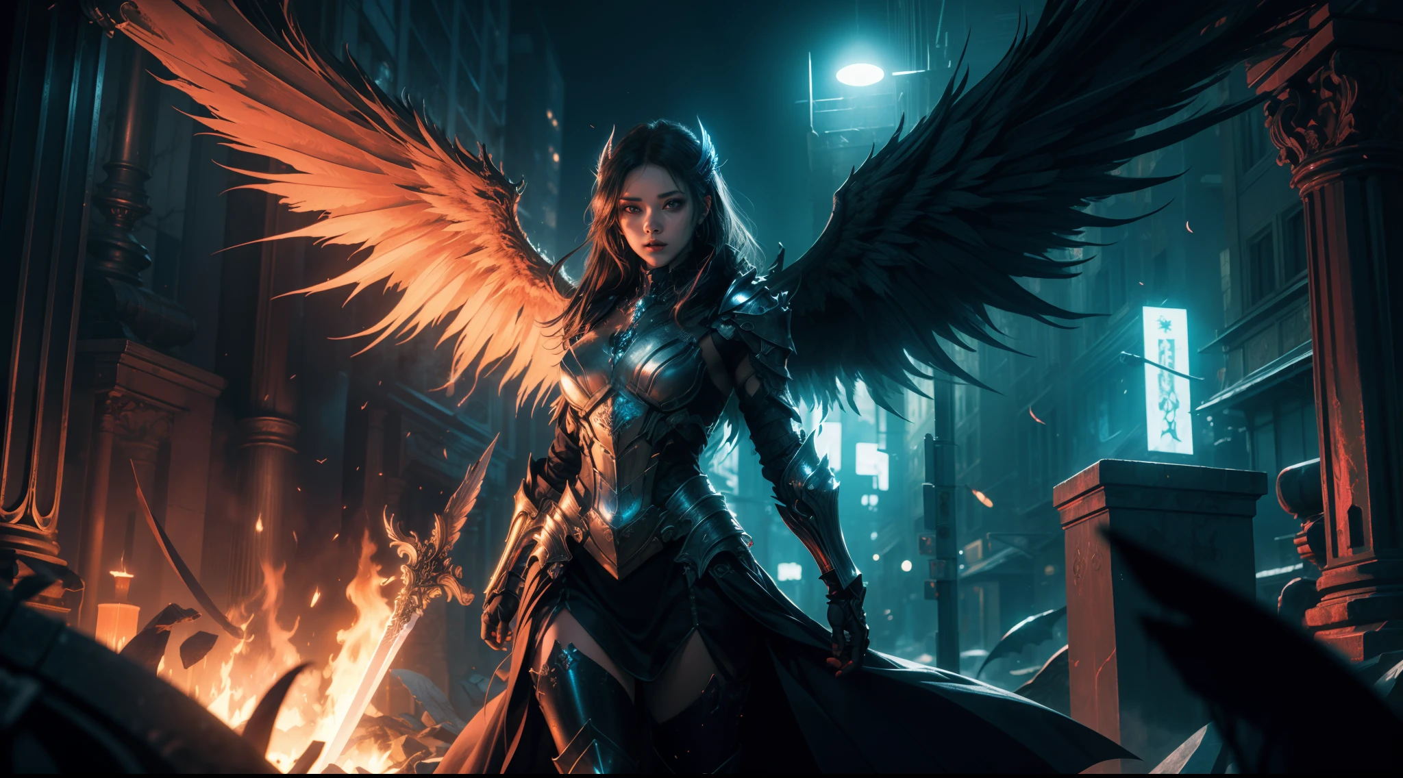 (Extremely detailed Cg Unity 8K wallpaper,Masterpiece, Best quality, Ultra-detailed, Beautiful detailed eyes:1.2),Best illumination, (Best shadow, An extremely delicate and beautiful, full bloom), 1girll,Solo,Large breasts,Heavy armor,Long hair,holdingsword,Angel wings,Black wings,(Big wings:1.4),Film filter,satan, Hellfire,full bodyesbian,demon,Flame,City at night，cyber punk perssonage，smog，steamy，illusory engine， (High detail: 1.9)