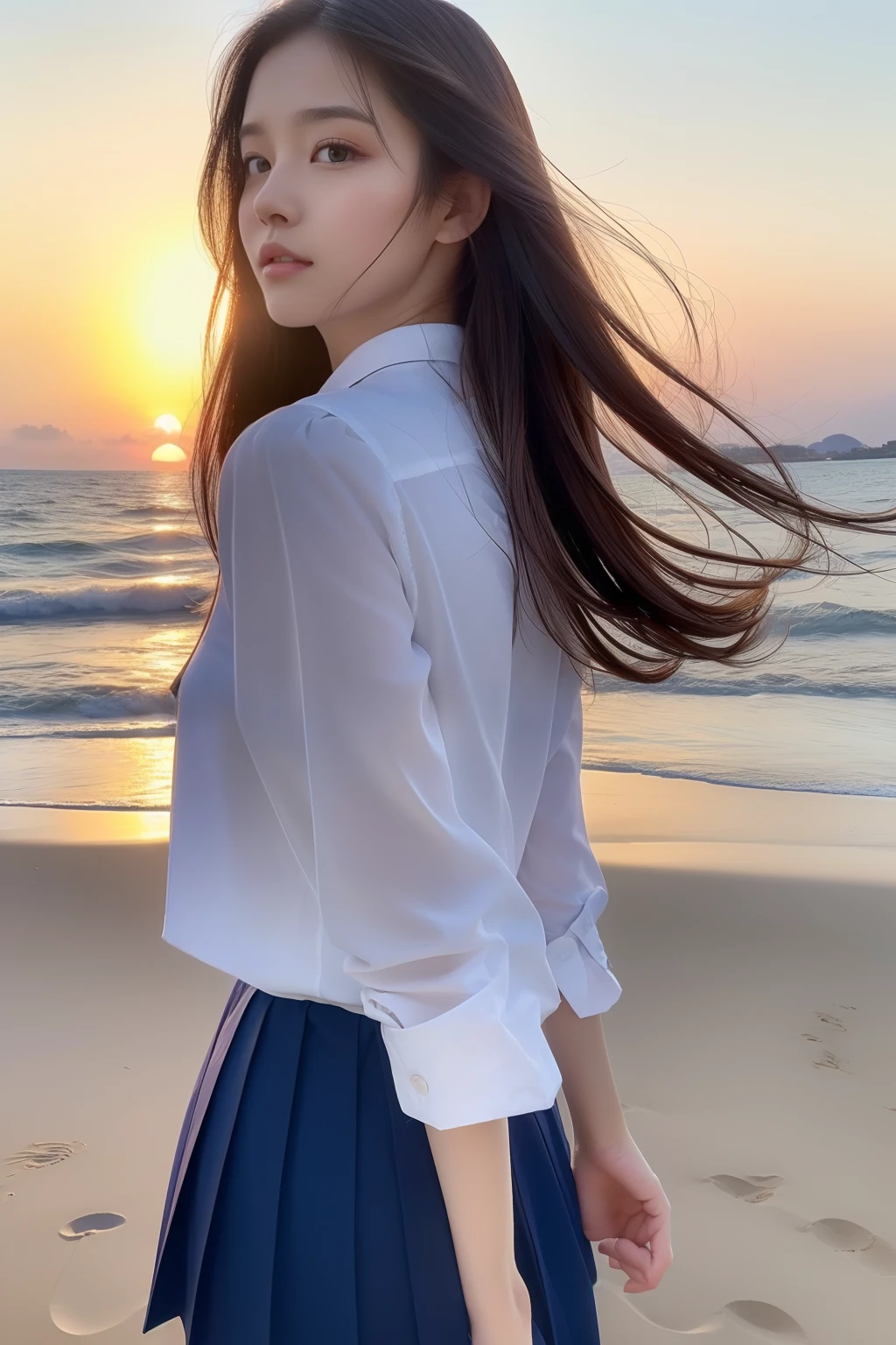 (top-quality、8K、32K、​masterpiece）Beautuful Women、in school uniform、Sunset、sand beach、Rear view、Beautiful hair