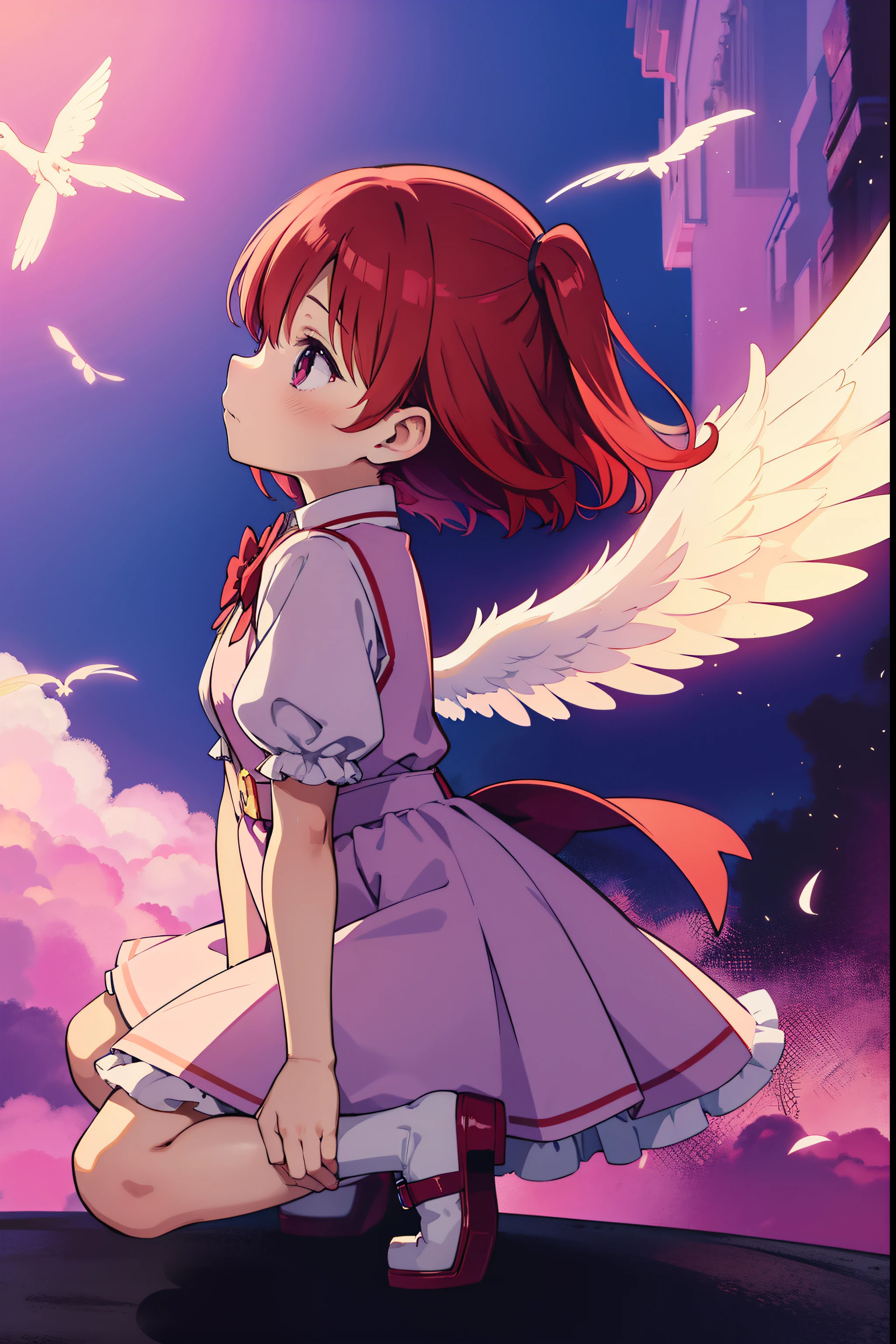 anime  girl with red hair and angel wings in purple outfit, chiad expression, ethereal anime, full body portrait, angelic, profile picture, kid