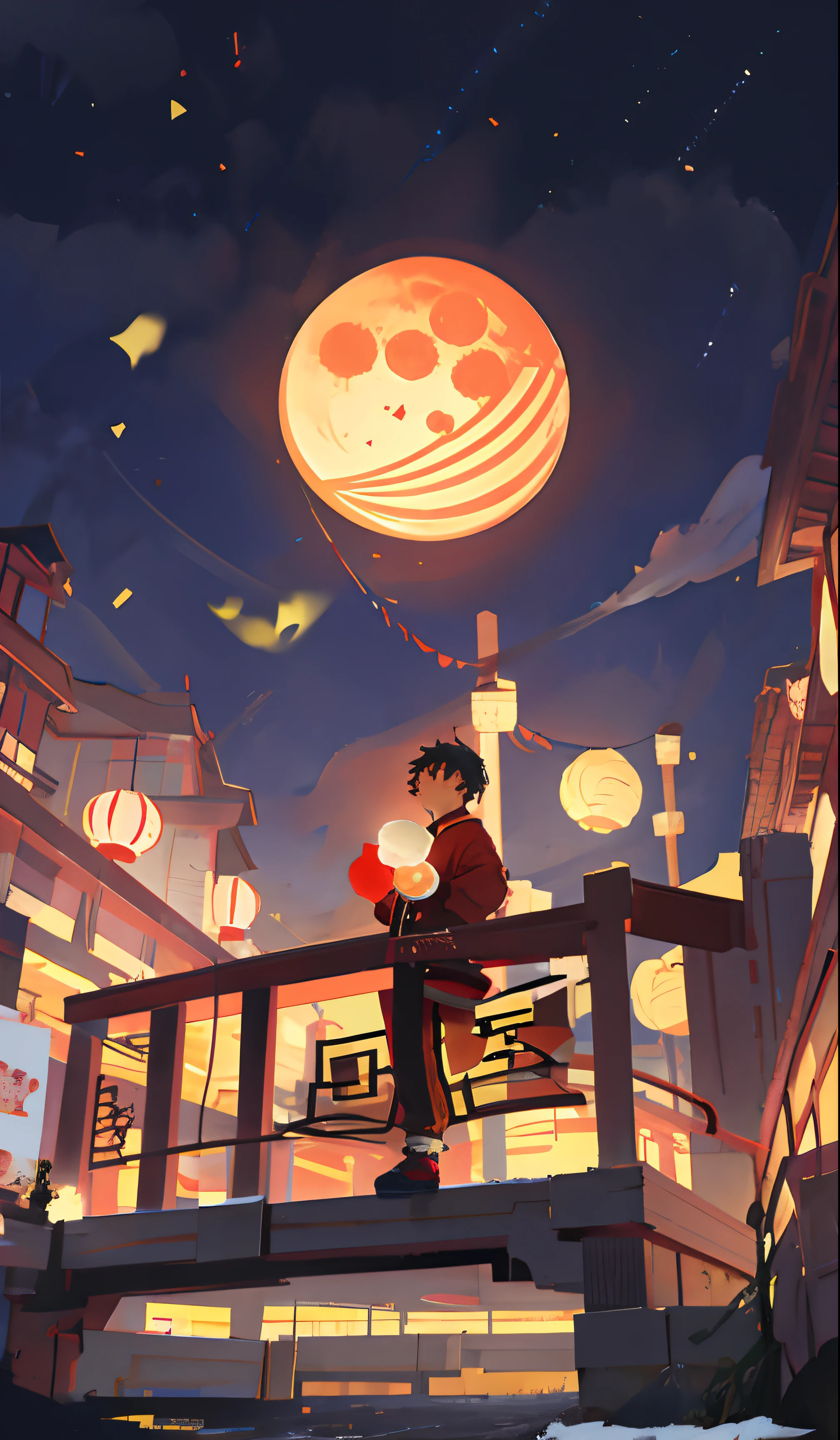 the night，mid-autumn festival，There is a round moon in the sky，There are Kong Ming lanterns floating in the sky，A boy wears a sweatshirt，Holding a football in his left hand，Mooncake in his right hand，standing on a bridge，Looking into the distance，Chinese style buildings，the cherry trees，Anime art wallpaper 4k, Digital anime illustration, anime styled digital art,