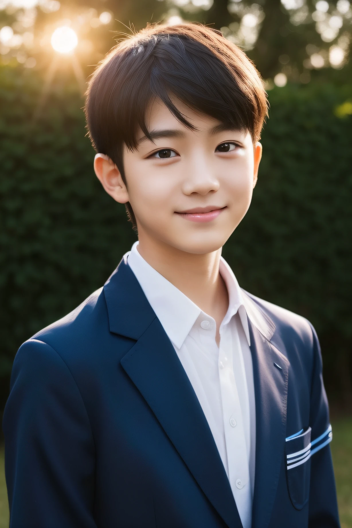 1 boy、校服、A slight smil、School route、Schools、Looking into the distance、Full body portrait、(Photorealsitic:1.4)、High school students、Japan Boys、A dark-haired、The upper part of the body、a cool、An ultra-high picture quality、top-quality、​masterpiece、18year old、the setting sun、Sunlight