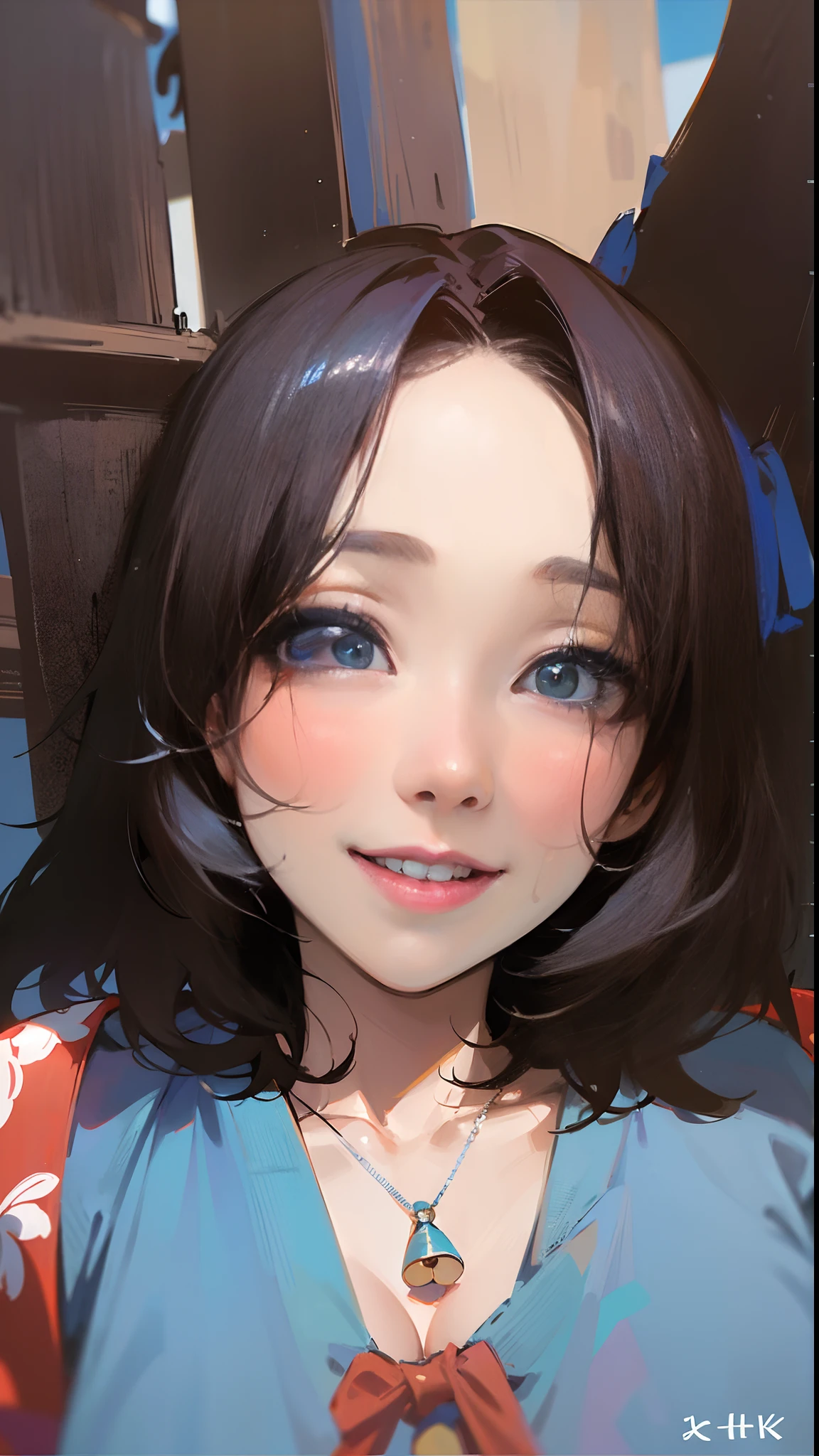 (64K,UHD, best quality, masterpiece:1.5), there is a young girl with a necklace on her neck, young cute wan asian face, south east asian with round face, jaeyeon nam, heonhwa choe, with short hair, with round face, young adorable korean face, korean girl, xintong chen, girl cute-fine-face, a young asian woman, ((smile)), ((big boobs))