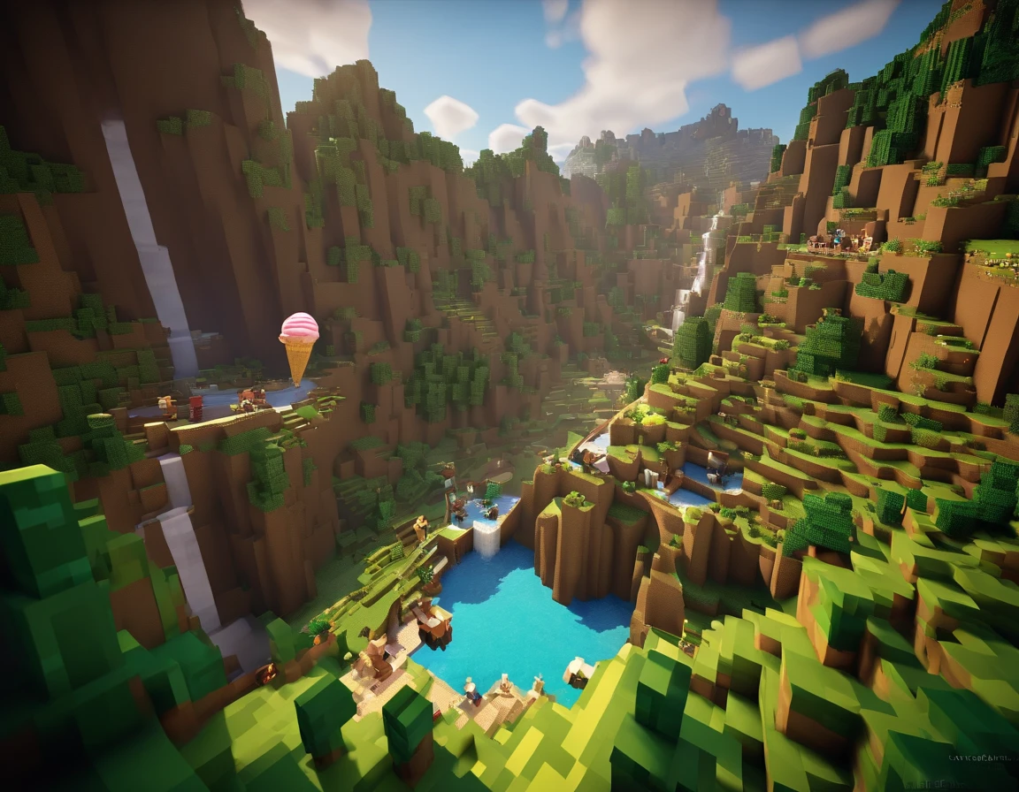 minecraft 3d art ,minecraft style,in-game,Villagers gather to watch an ice cream as high as a mountain,,fantasy, Spectacular,Masterpiece, ultraclear, extreme hight detail