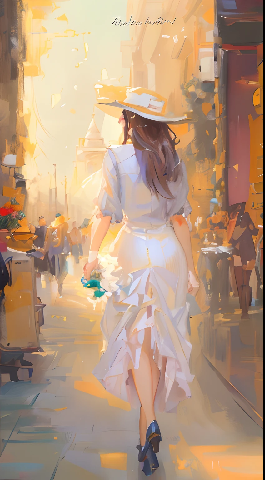Pintura de una mujer caminando por una calle con un sombrero blanco, Elegant oil painting, Una hermosa mujer vestida de blanco, oil painting style, hermosa pintura de un alto, Dmitry Spiros, Pintura de bello, inspirado por Michael Garmash, Elegante pintura digital, Romantic painting, Hermosa pintura, fine art oil painting, Pintura elegante y refinada, Dama elegante, por Ramon Pichot
