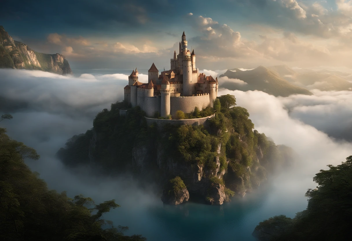 A majestic castle rises from a small island (in the sky:1), surrounded by a sea of clouds. The island is filled with buildings of various shapes and sizes, creating a stunning contrast between the ancient and the modern. The castle is a masterpiece of matte painting by impressionist painter, a floating city that defies gravity and logic, yet captivates the viewer with its beauty and mystery.