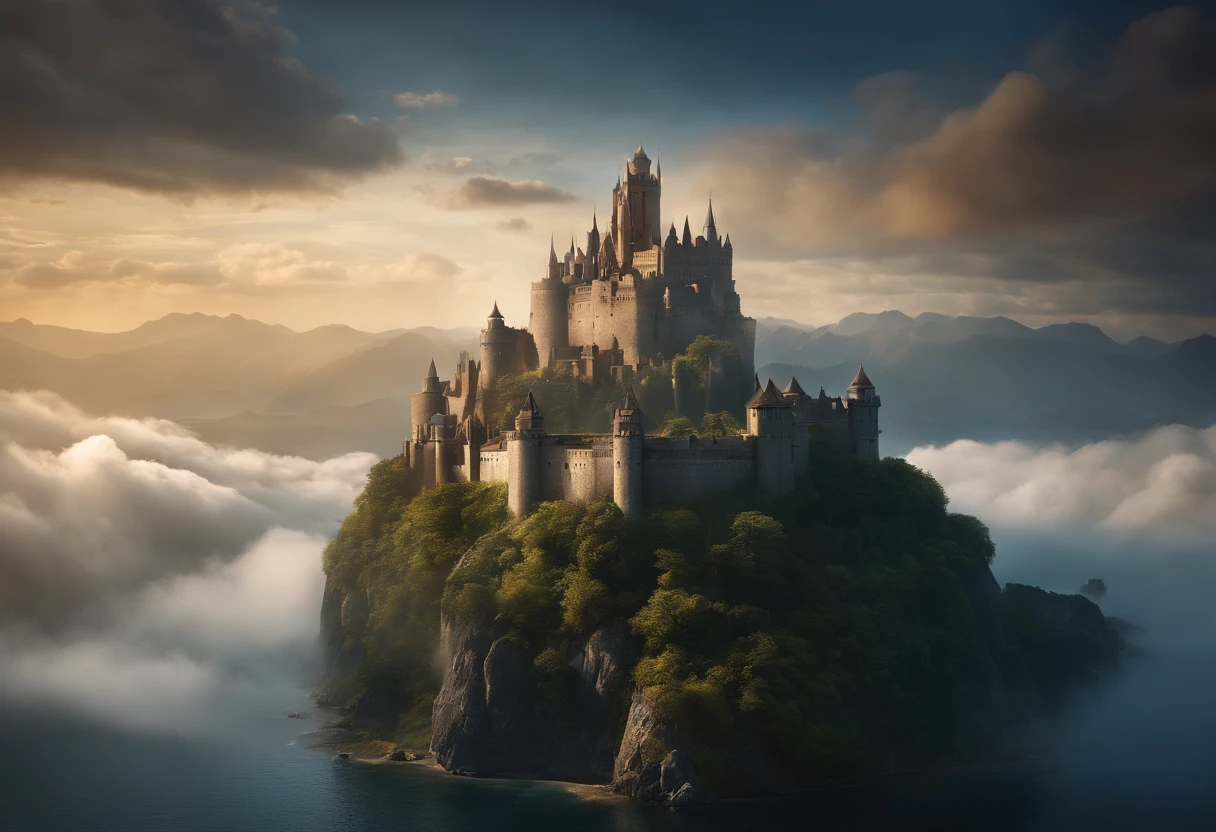 A majestic castle rises from a small island (in the sky:1), surrounded by a sea of clouds. The island is filled with buildings of various shapes and sizes, creating a stunning contrast between the ancient and the modern. The castle is a masterpiece of matte painting by impressionist painter, a floating city that defies gravity and logic, yet captivates the viewer with its beauty and mystery.