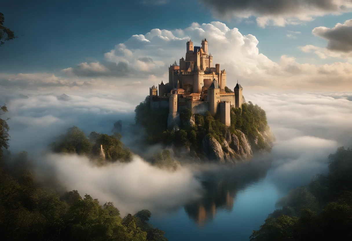 A majestic castle rises from a small island (in the sky:1), surrounded by a sea of clouds. The island is filled with buildings of various shapes and sizes, creating a stunning contrast between the ancient and the modern. The castle is a masterpiece of matte painting by impressionist painter, a floating city that defies gravity and logic, yet captivates the viewer with its beauty and mystery.