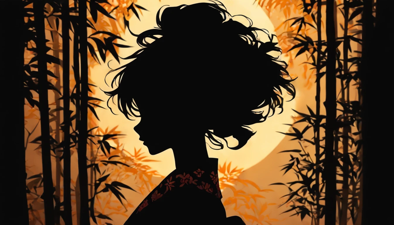 (Silhouette Art,cutouts:1.6)
(((Paper cutting art,A world where only black exists:1.3)

(Cowboy Shot),1 girl,Solo,
(Kimono Girl,profile:1.2),white, Clear and beautiful face,

BREAK
(One bamboo leaf)
Textured glass background,