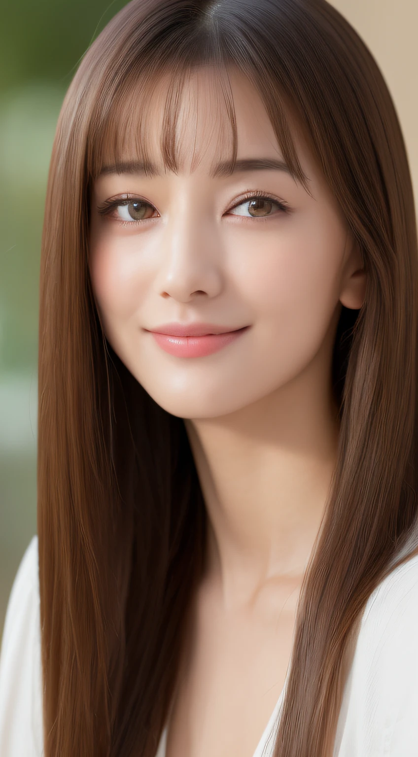 ((top-quality、8K、masterpiece:1.3))、frontage、Beautuful Women、1girl in、Beautiful breasts:1.3、Slender Abs:1.1、doress、Angle from the front、Brown hair semi-long hair、hyperdetailed face、kindly smile、Almond Eye、With bangs、