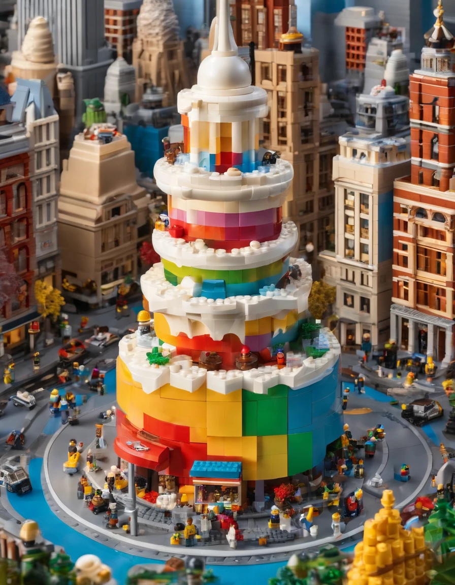 lego style ,New Yorkers gathered around for an ice cream as tall as a mountain,fantasy, Spectacular,Masterpiece, ultraclear, extreme hight detail