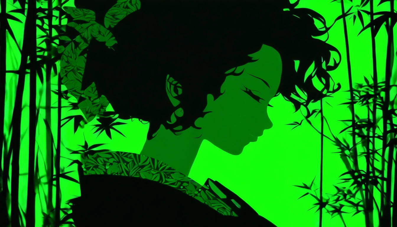 (Silhouette Art,cutouts:1.6)
(((Paper cutting art,A world where only black exists:1.3)
(Cowboy Shot),1 girl,Solo,
(Kimono Girl,profile:1.2),white, Clear and beautiful face,
BREAK
(One green bamboo leaf)
Textured glass background,