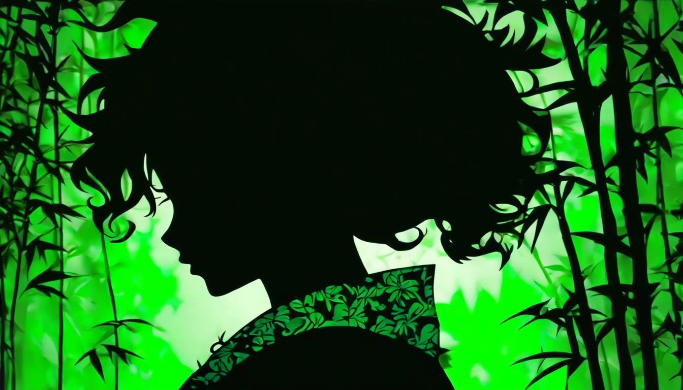 (Silhouette Art,cutouts:1.6)
(((Paper cutting art,A world where only black exists:1.3)
(Cowboy Shot),1 girl,Solo,
(Kimono Girl,profile:1.2),white, Clear and beautiful face,
BREAK
(One green bamboo leaf)
Textured glass background,