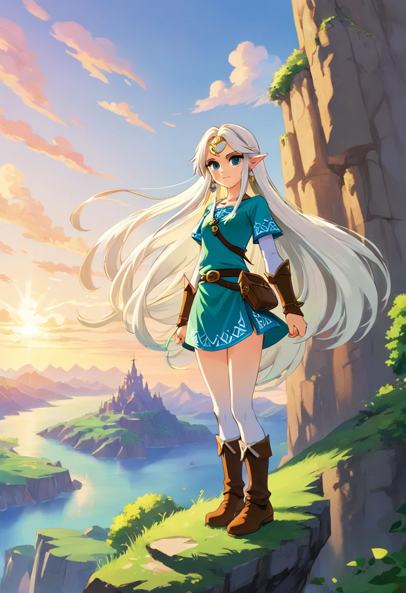 1 girl with long white hair standing on a cliff