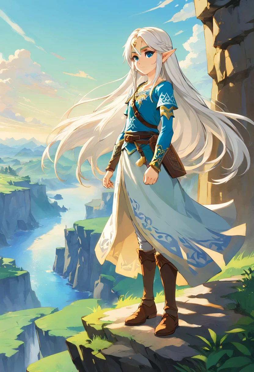 1 girl with long white hair standing on a cliff