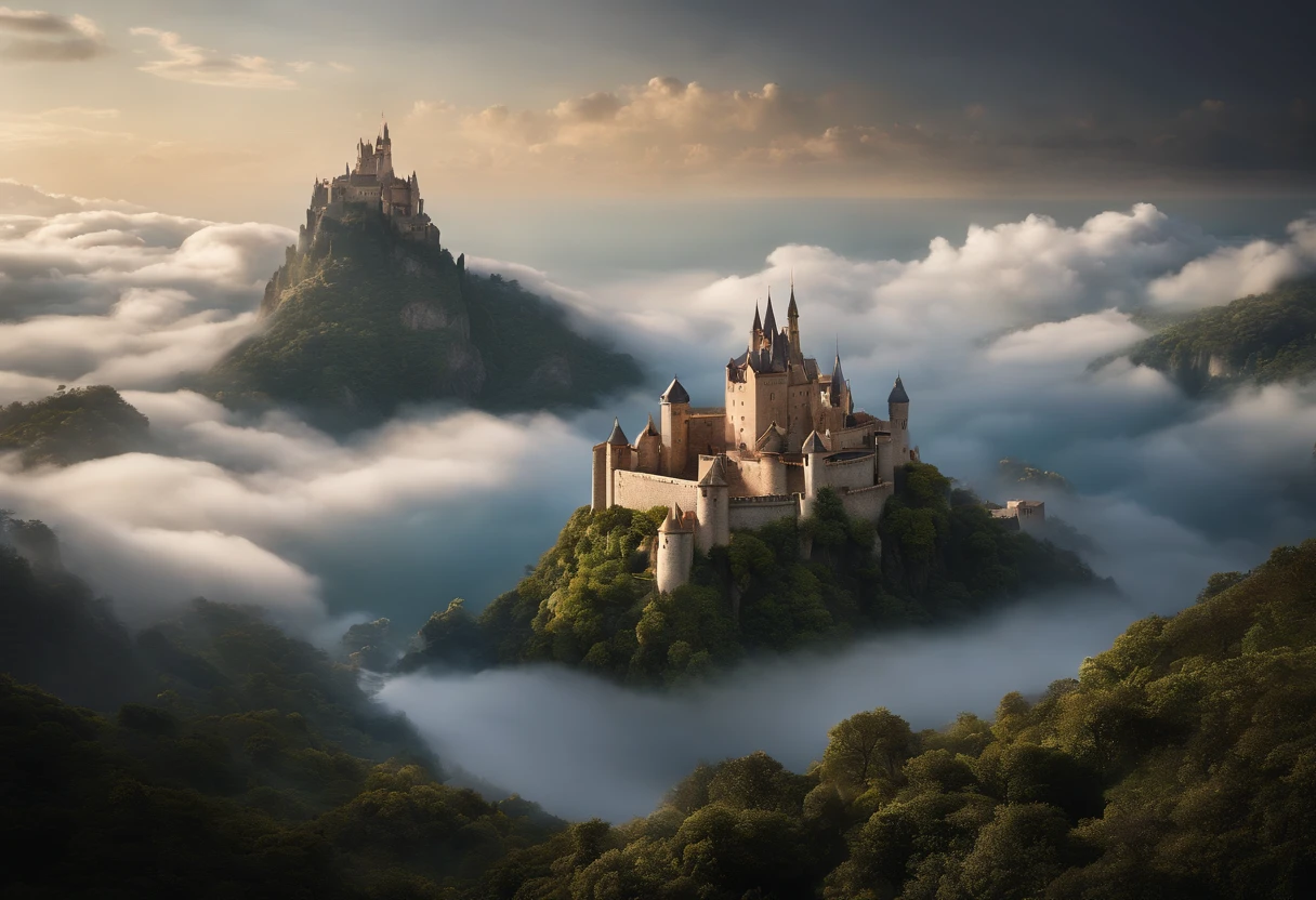 A majestic castle rises from a small island (in the sky:1), surrounded by a (sea of clouds), The island is filled with buildings of various shapes and sizes, creating a stunning contrast between the ancient and the modern. The castle is a masterpiece of matte painting by impressionist painter, (a floating city that defies gravity) and logic, yet captivates the viewer with its beauty and mystery.