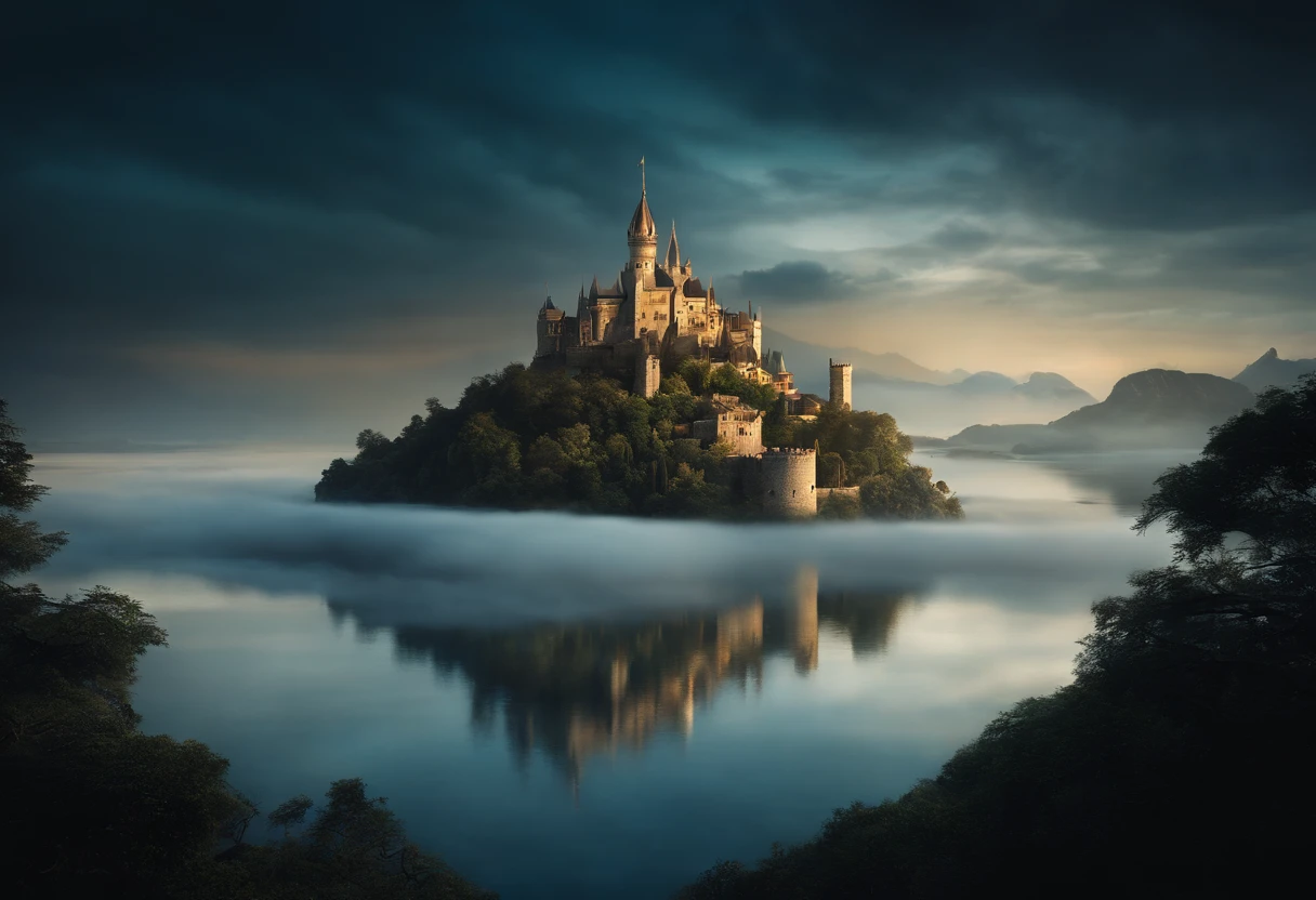 A majestic castle rises from a small island (in the sky:1), surrounded by a (sea of clouds), The island is filled with buildings of various shapes and sizes, creating a stunning contrast between the ancient and the modern. The castle is a masterpiece of matte painting by impressionist painter, (a floating city that defies gravity) and logic, yet captivates the viewer with its beauty and mystery.