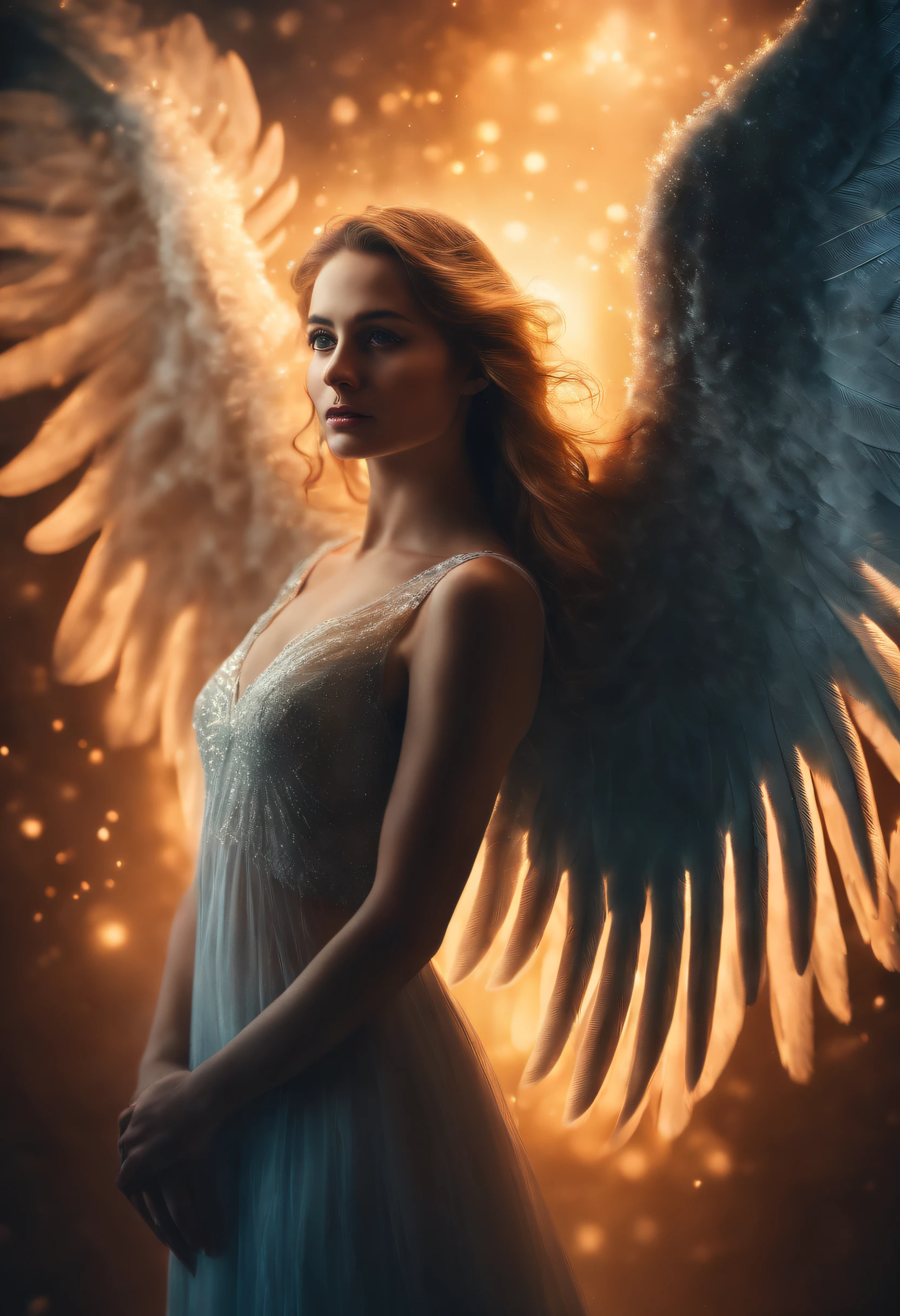 Heavenly Angel, bright light eyes, human, towering wings, powerful, very bright colors, light particles, glowing light, Mshiff, Wallpaper art, UHD wallpaper